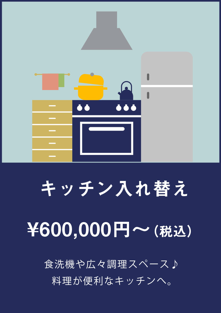 ・キッチン入れ替え： ¥600,000円～ （税込） | 食洗機や広々調理スペース♪ 料理が便利なキッチンへ。